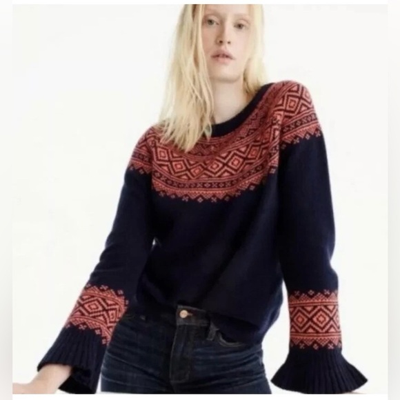 J. Crew Fair Isle Nordic Ruffle Sleeve Orange Navy Merino Wool Blend Sweater - Picture 1 of 12